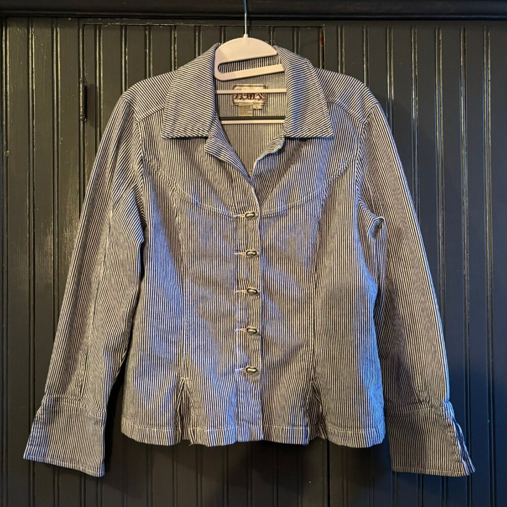 AMX Hickory Stripe Button-Up Jacket - Blue & White - Size L - Y2K Vintage